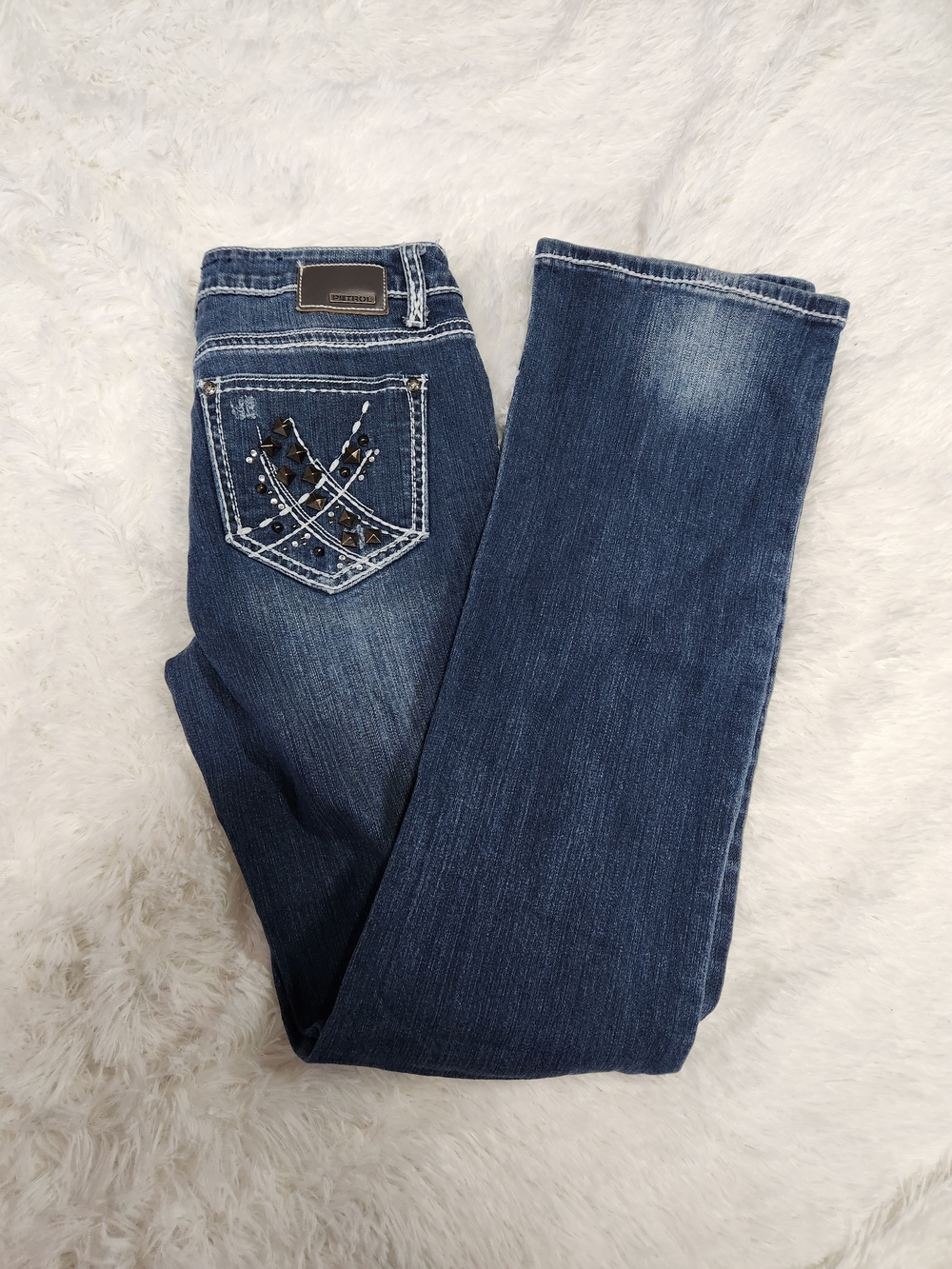 Women's Boot Cut Jeans in Dark Blue with Embellished Pocket